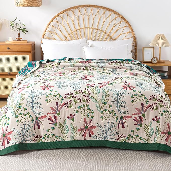 Boho Throw Blanket for Bed, 100% Pure Cotton Ultra Soft Rustic Quilt, Farmhouse Decor Bed Blankets, All Season Rustic Throw for Sofa Couch Chair(91"x 98", Boho Floral)