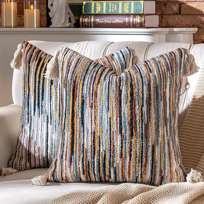 AmHoo Boho Throw Pillow Covers Set of 2 Decorative Bohemian Woven Tufted Striped Farmhouse with Tassels Textured Cushion Case Pillowcase Neutral for Sofa Couch Bed 18 x 18-Inch Black Brown
