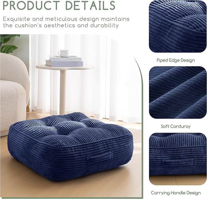 HIGOGOGO 8" Extra Thick Floor Pillow Cushion for Adults, Meditation Cushion Pillow, Large Square Floor Sitting, Tufted Corduroy Cover, for Tatami Living Room or Yoga, 22x22 Inch, Navy
