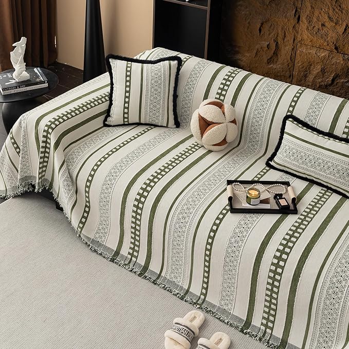 Striped Couch Cover Blankets, Boho Couch Covers, Sofa Blanket Cover for Dogs, Large Couch Covers for 3-4 Cusion Sofa, Chenille Sofas Covers Washable Sectional(1pc/Green/71 x 150")
