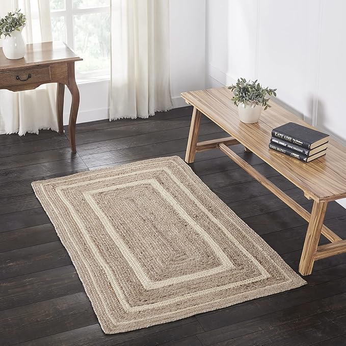 VHC Brands Jute Rug Rectangle with Pad, Natural & Crème, 36x60