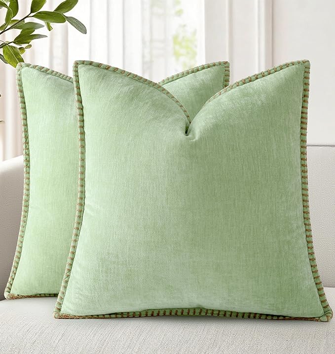 decorUhome Summer Chenille Soft Cozy Throw Pillow Covers 16x16 Set of 2, Modern Farmhouse Boho Velvet Decorative Pillow Cases with Stitched Edge for Couch Sofa Bed Home Decor, Sage Green