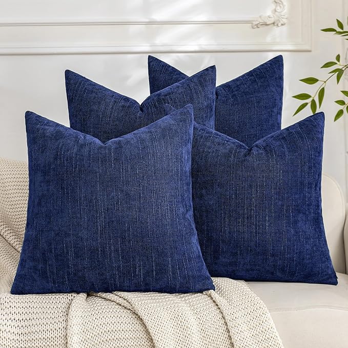 Set of 4 Soft Textured Decorative Throw Pillow Covers 16x16 Inch Cozy Farmhouse Cushion Cover Square Accent Pillow Cases for Bed Couch Sofa Living Room, Blue