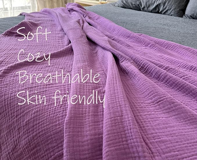 KyraHome 100% Organic Cotton 50"x60" Muslin Throw Blankets for Adults, Kids, Picnic, Travel, Plant Dyed, Lightweight Gauze Soft Cotton Throw Blankets for Couch, All Season, Purple/Lavender