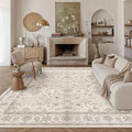 9x12 Area Rug Beige Washable Vintage Carpet Living Room Bedroom Large Non Slip Stain Soft Resistant Low Pile Thin Boho Accent Indoor Throw Rug for Dining Room Office