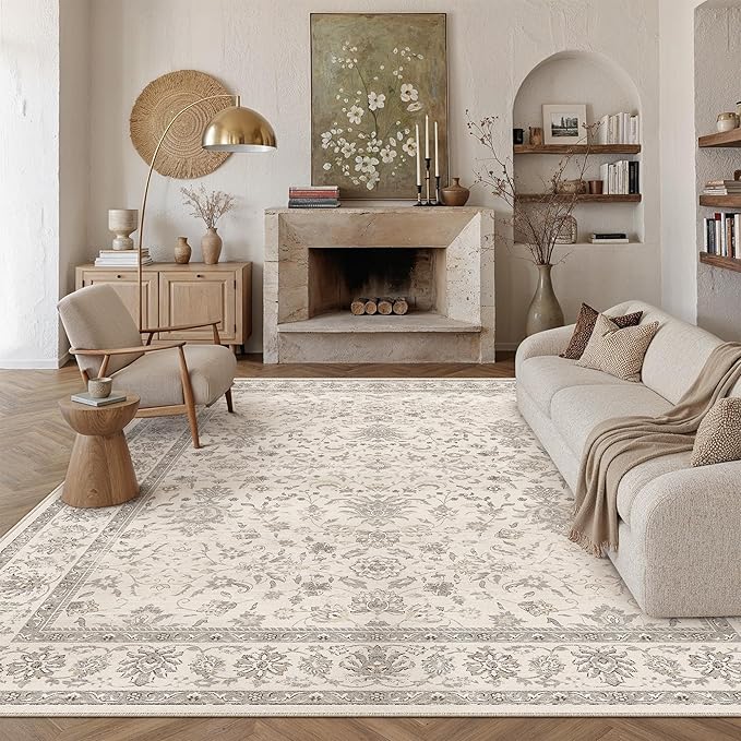 9x12 Area Rug Beige Washable Vintage Carpet Living Room Bedroom Large Non Slip Stain Soft Resistant Low Pile Thin Boho Accent Indoor Throw Rug for Dining Room Office