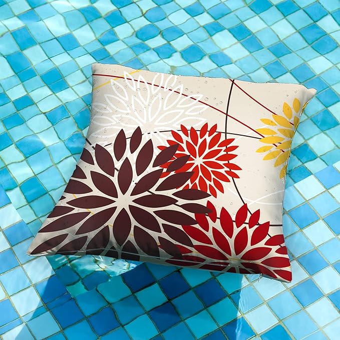 DFXSZ Red Brown Outdoor Pillow Cover 16X16 Inch Set of 2 Outdoor Waterproof Fall Floral Brown Decorative Pillowcase Decor for Couch Patio Funiture Garden Print Polyester Cushion Cover 01K16