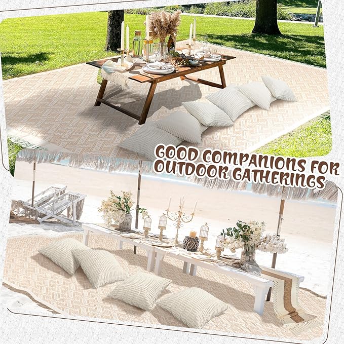 Extra Large Outdoor Boho Picnic Blanket 150'' X 71'' Beige White Table Runner 6 Throw Pillow Cover Woven Cotton Yarn Oversize Beach Blanket Washable for Picnic Camp Wedding