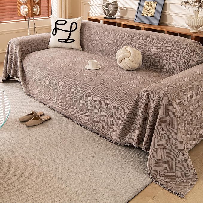 ROOMLIFE Brown Waterproof Sofa Cover, Vintage Couch Cover for 3 Cushion Sofa, Non Slip Chenille Sofa Slipcovers for Dog, Washable Furniture Sofa Protector Cover with Tassel for Living Room, 71''X150”
