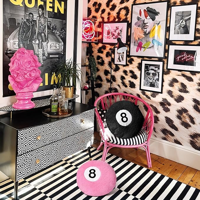 Dripykiaa Pink 8 Ball Throw Pillow, 14" Pink 8 Ball Round Plush Decorative Throw Pillow, Soft Aesthetic Cushion for Bedroom & Living Room, Trendy Pink Room Decor for Women & Teens
