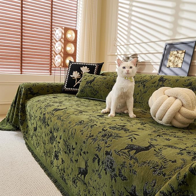 ROOMLIFE Green Couch Cover Sofa Covers, Chenille Couches Covers for 3 Cushion Sofas, Non Slip Soft Breathable Sofa Slipcovers for Pet, Washable Furniture Protector with Tassel,71''X134”