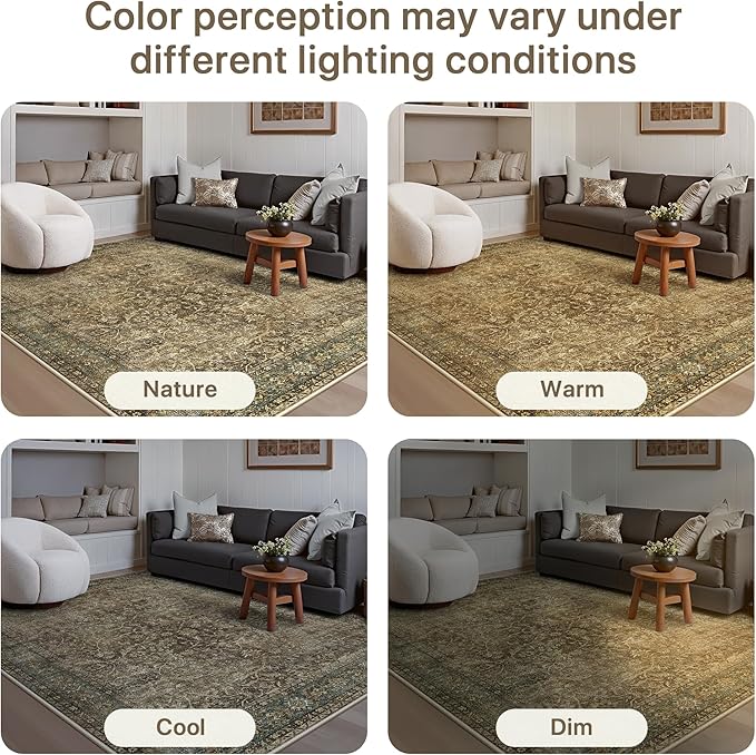 Bavni Area Rugs for Living Room, 5x7 Washable Rug Non-Slip Washable，Ultra-Thin Aesthetic Boho Rug for Bedroom Dinning Room Office,Green