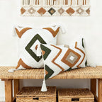Boho Throw Pillow Covers 18x18 Inch Green Brown Tufted Square Pillow Case with Tassels, Bohemian Farmhouse Decorative Cushion Cover for Couch Bed Sofa Chair Bedroom Living Room Home Decor,X