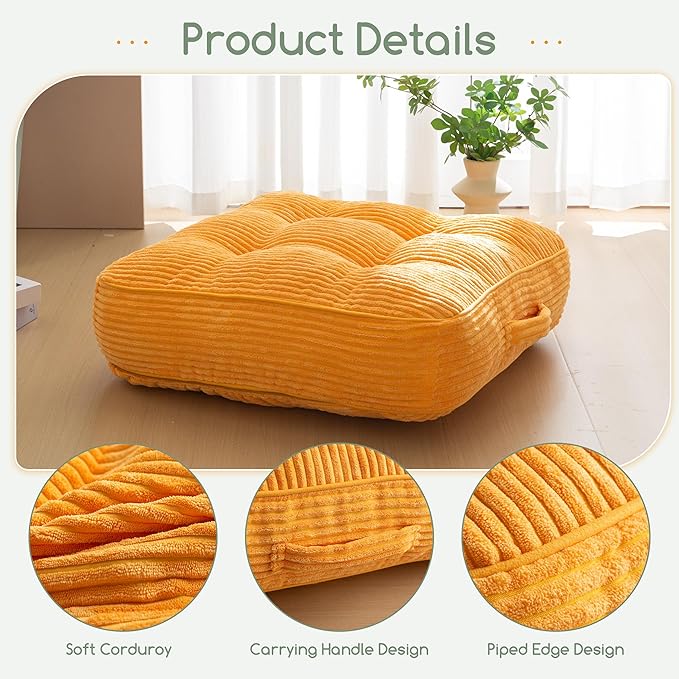 HIGOGOGO 6" Extra Thick Floor Pillow Cushion for Adults, Meditation Cushion Pillow, Large Square Floor Sitting, Tufted Corduroy Cover, for Tatami Living Room or Yoga, 22x22 Inch, Orange