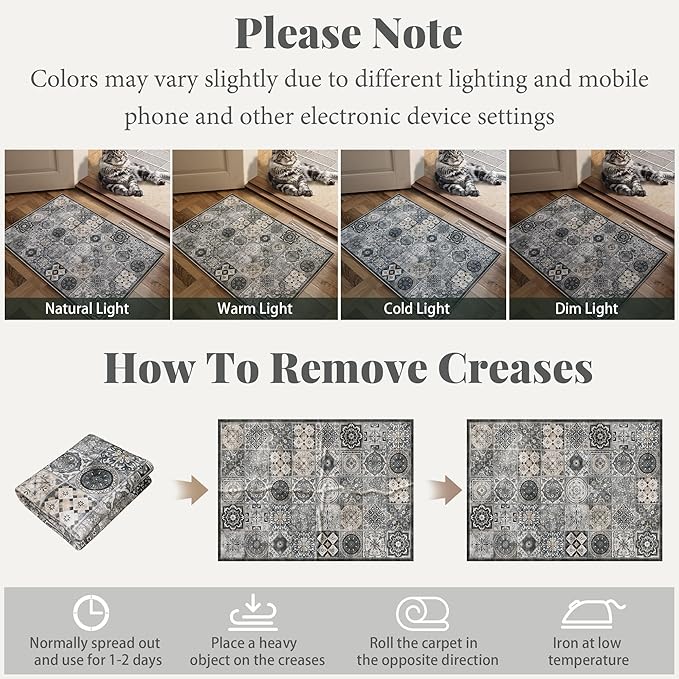 Washable Entryway Rug 3'x5 Non-Slip Backing Vintage Indoor Rug Low Pile Lightweight Carpet for High-Traffic Indoor Entrance & Kitchen