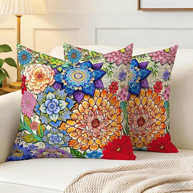 Colorful Boho Mandala Floral Throw Pillow Covers 18x18 Set of 2, Spring Easter Bohemian Decorative Pillowcases, Multicolor Flower Cushion Covers for Couch Sofa Bedroom Living Room Farmhouse Home Decor