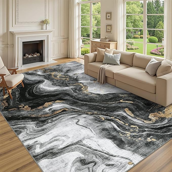 GarveeHome Large 8x10 Washable Rugs for Living Room Abstract Rug Swirl Marble Patterned Carpet, Low-Pile Non Slip Easy Cleaning Rug Neutral Modern Carpet for Bedroom Dining Room Farmhouse Office,Black