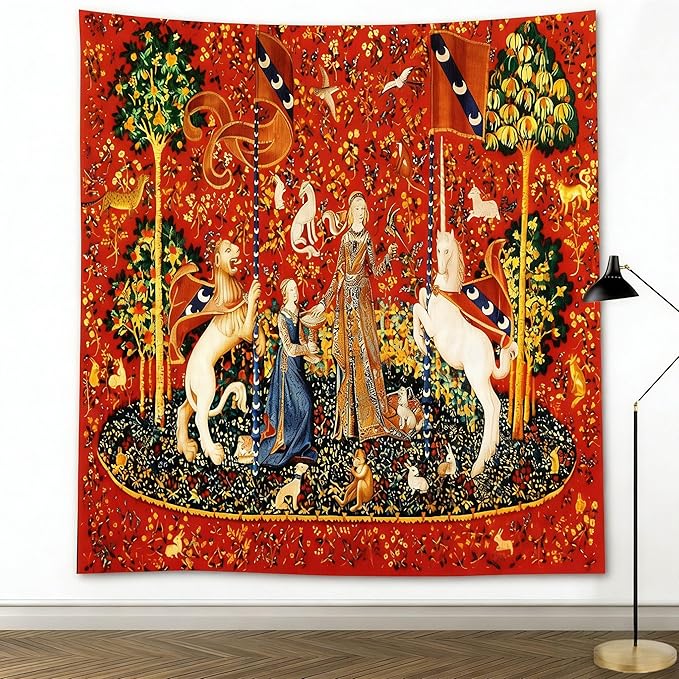 FEASRT Medieval Art Tapestry Maiden and Unicorn Tapestrys European Royal Tapestry, 60x60 Inches Soft Flannelette, for Bedroom Living Room Dorm