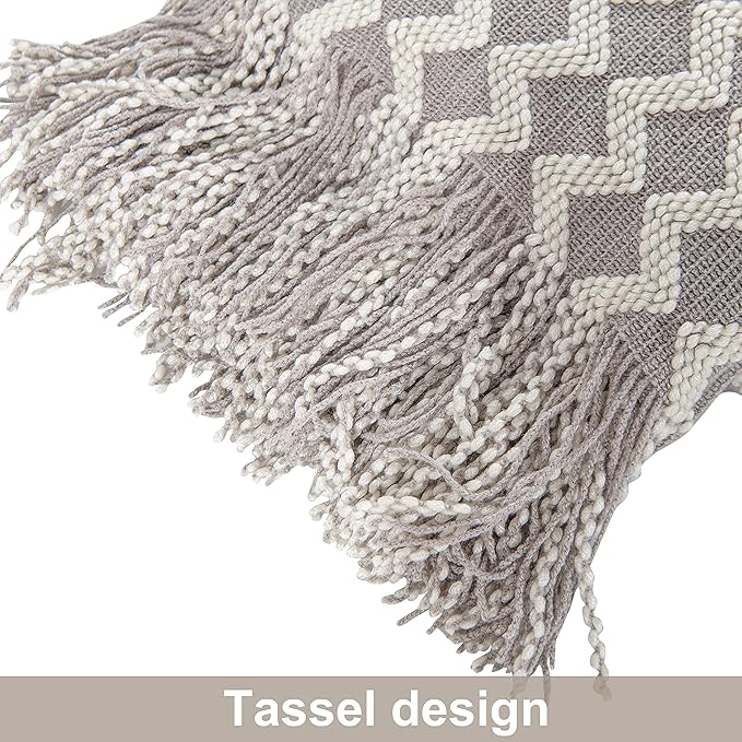 NTBAY Acrylic Knitted Throw Blanket, Lightweight and Soft Cozy Decorative Woven Blanket with Tassels for Travel, Couch, Bed, Sofa, 51x67 Inches, Light Grey Wave
