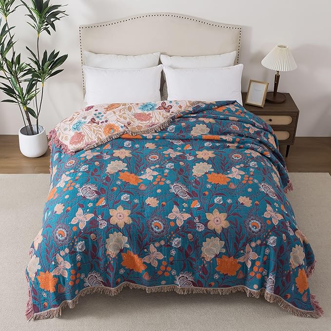 Boho Throw Blanket Twin Size, Soft Cozy Cotton Muslin Quilt Blanket for Bed Decor, Floral Patterned Couch Sofa Chair Cover, Vintage Farmhouse Cottage Tapestry Woven Blanket, Coral&Green