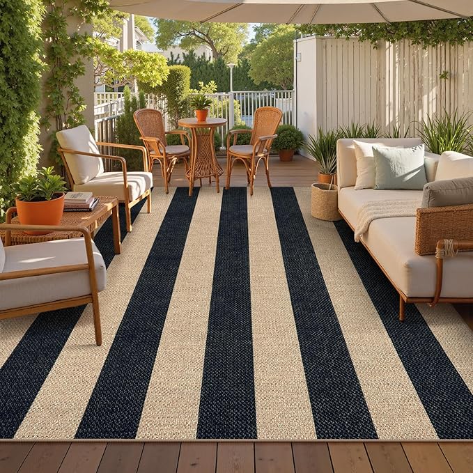 Lahome Elance Striped Easy Jute Outdoor Rug, Washable Rugs 8x10 for Living Room Patio Indoor Outdoor Black Carpet, Farmhouse Neutral Non Slip Non Shedding Floor Carpet for Office Sunroom Dining Room