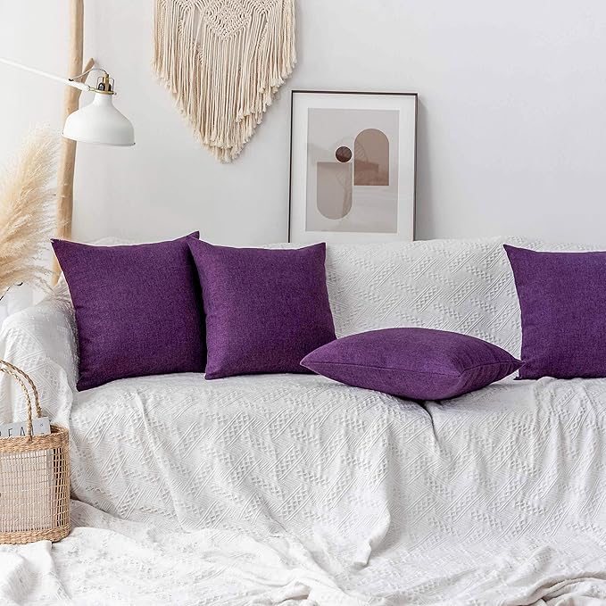 Home Brilliant Purple Pillow Covers Decorative Lined Linen Square Pillow Cases Throw Pillows for Couch Sofa Bed, Set of 4, 18 inch