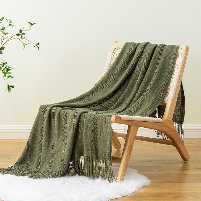 BATTILO HOME Olive Green Throw Blanket for Couch, Soft Army Green Blanket with Tassels for Home Decor, Decorative Knitted Throws for Couch Cover, 50"x60"