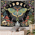 Accnicc Moth Tapestry Boho Mushroom Hippie Skull Wall Tapestry for Bedroom Aesthetic Vintage Floral Plant Moon Phase Small Tapestries Wall Hanging for Dorm Living Room Decor 60 x 44 Inch