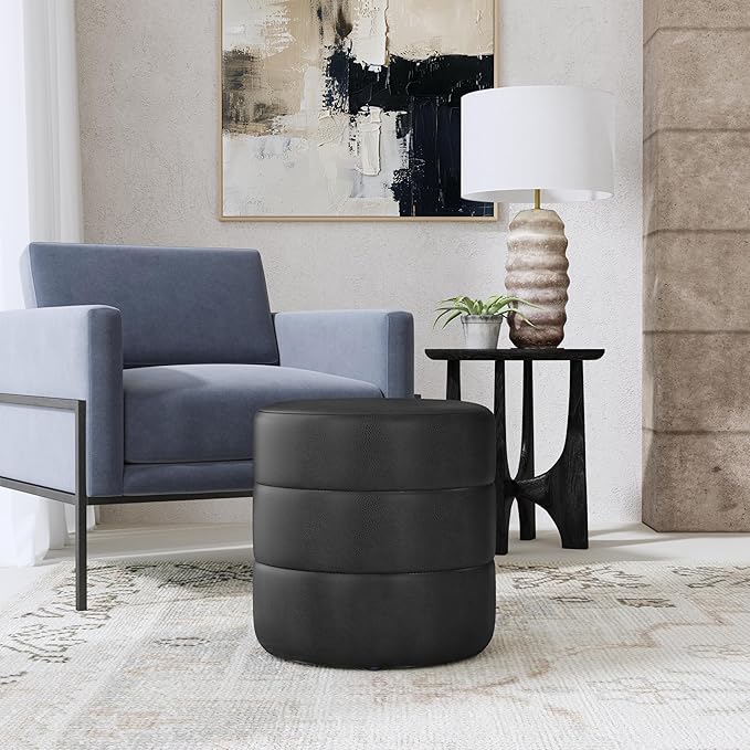 Spatial Order Upholstered Faux Leather Round Ottoman (No Lid, Seat Only) | Spatial Order Home Décor | Foot Rest Pouf – Black Faux Leather