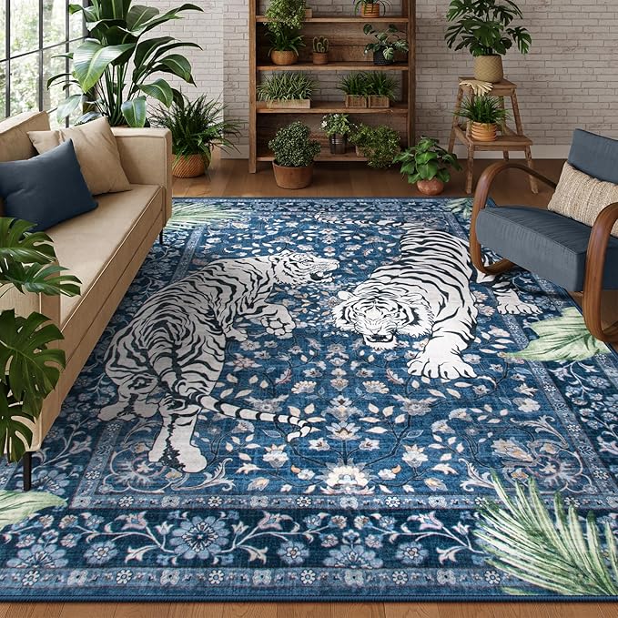 Moynesa Tiger Washable Area Rugs 8x10, Large Boho Rugs for Living Room, Vintage Non Slip Dining Room Rugs for Under Table, Ultra Thin Soft Floor Carpet for Office Bedroom, Blue