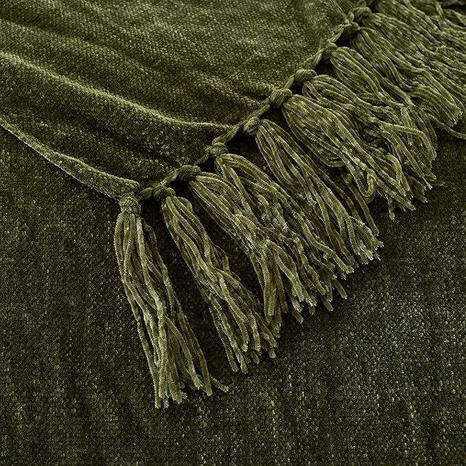 Chenille Throw Blanket for Couch with Tassels,60"X80" Soft Cozy Lightweight Knitted Boho Decorative Blankets for Bed and Sofa,Olive Green