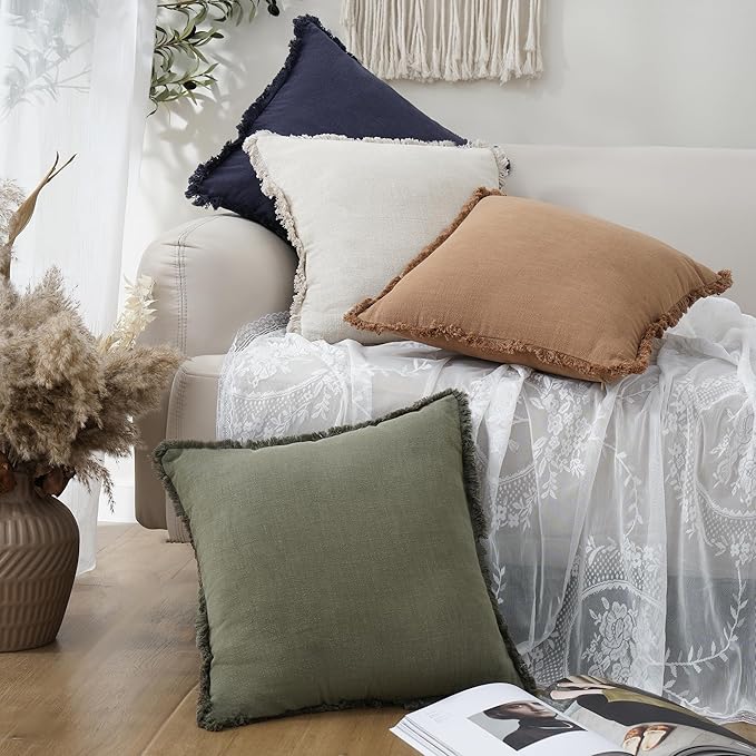 Foindtower Set of 2 Decorative Linen Fringe Throw Pillow Covers Cozy Boho Farmhouse Cushion Cover with Tassels Soft Accent Pillowcase for Couch Sofa Bed Living Room Home Decor, 16×16 Inch, Olive Green
