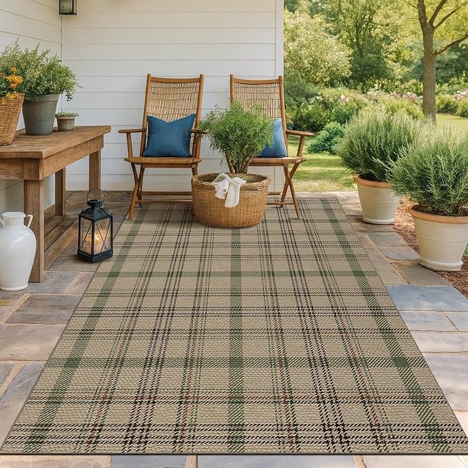 JTJ 5x7 Plaid Area Rug for Living Room - Large Indoor Outdoor Rug for Porch, Bedroom Under Bed, Non Slip Modern Farmhouse, Easy Jute Washable Beige and Sage Green Striped Aesthetic Room Decor