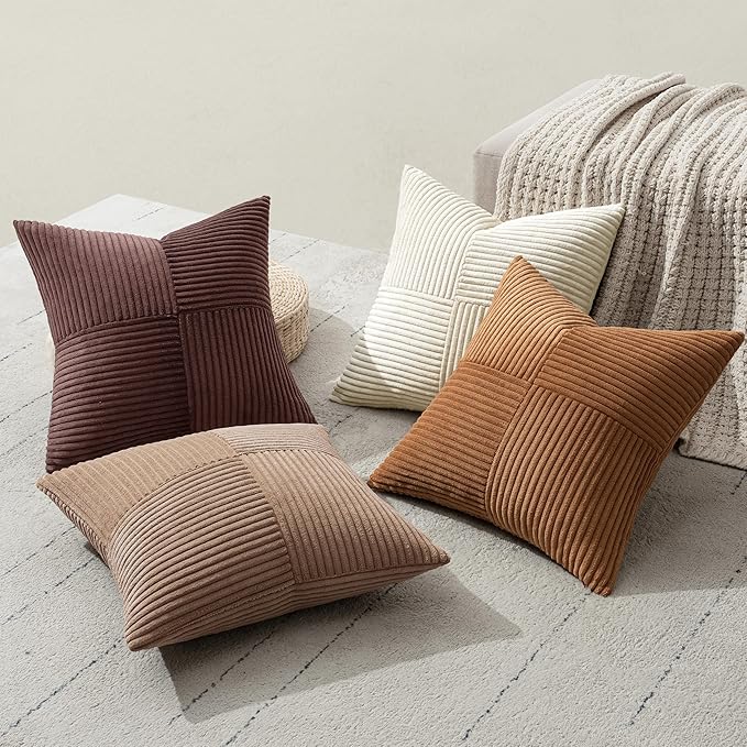 MIULEE Brown Throw Pillow Covers 16x16 Inch Set of 4 Boho Farmhouse Cushion Cases Neutral Gradient Corduroy Pillow Cases with Invisible Zipper Patchwork Home Decor for Couch Sofa Bed