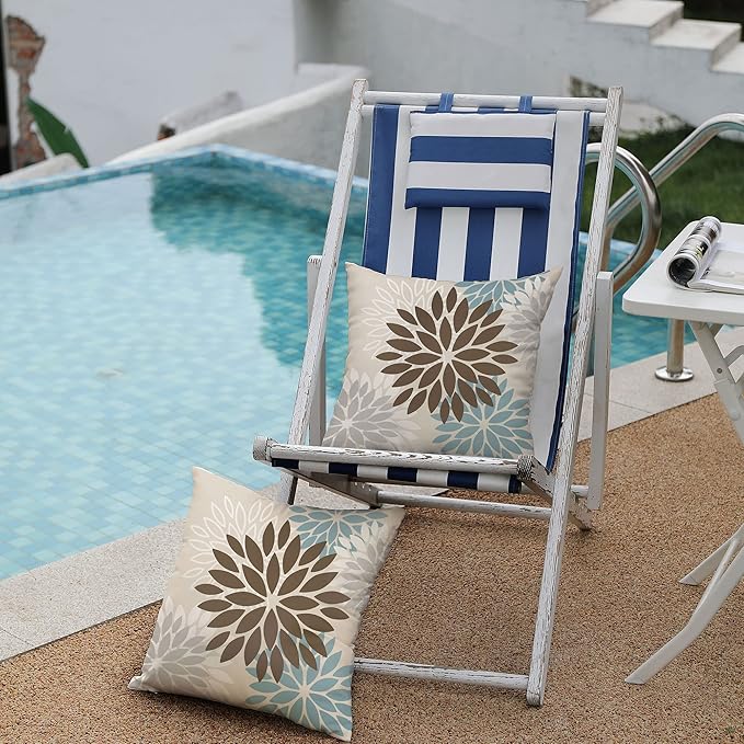 DFXSZ Brown Blue Flower Pillow Covers 16x16 Inch Set of 2 Summer Outdoor Waterproof Decor for Home Patio Funiture Garden Living Room Cushion Cover 002F16