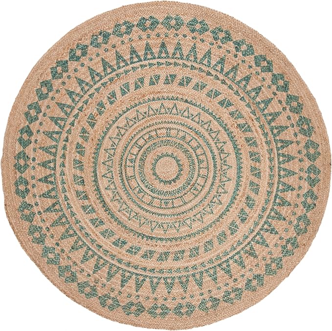 SAFAVIEH Natural Fiber Round Collection 5' Round Aqua NF802A Handmade Boho Mandala Braided Jute Area Rug