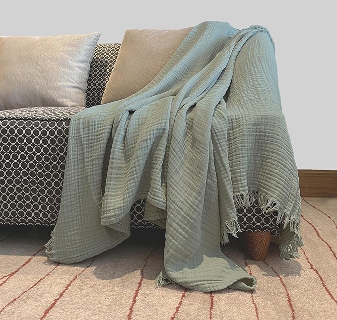 KyraHome Muslin Blankets for Adults, Bed, Couch, 90" x104“ King,100% Organic Cotton Pre-Washed, Breathable Lightweight Gauze Bed Blankets, Bedspread, All Season, Sage Green