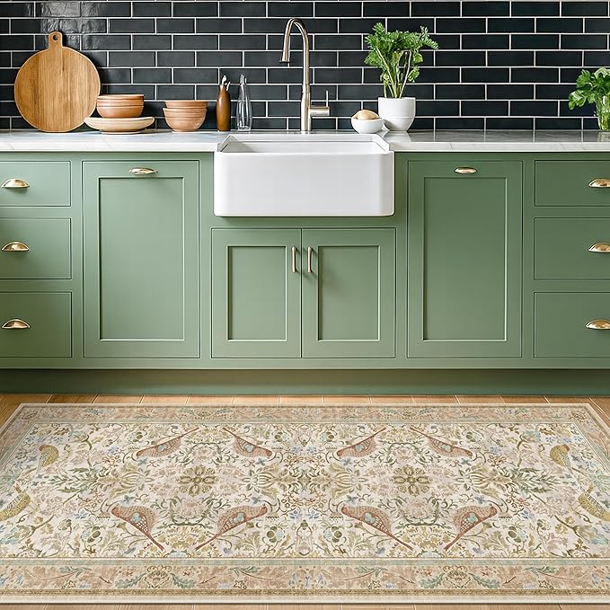 Boho Bathroom Runner Rug 2x5 - Floral & Bird Runner Rug for Kitchen Floor, Hallway, Laundry Room, Bedroom, Entrance, Beige Neutral Vintage Decor, Washable Non Slip Low Pile