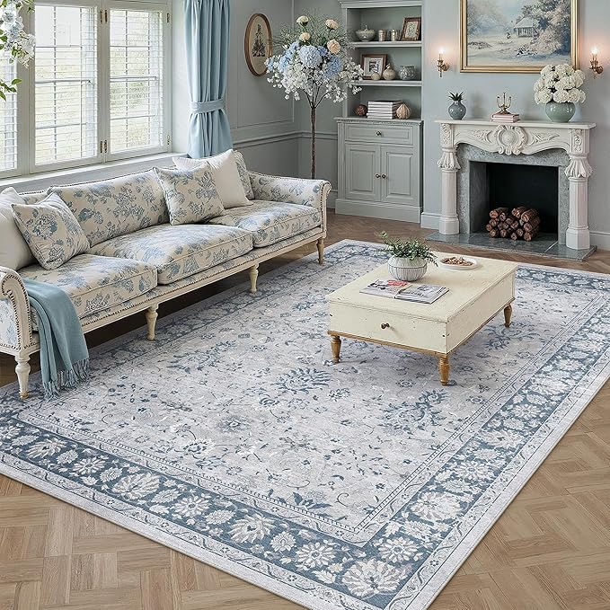 8x10 Area Rug Blue Washable Vintage Carpet Living Room Bedroom Large Non Slip Stain Soft Resistant Low Pile Thin Boho Accent Indoor Throw Rug for Dining Room Office