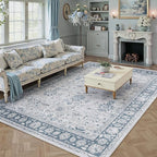 8x10 Area Rug Blue Washable Vintage Carpet Living Room Bedroom Large Non Slip Stain Soft Resistant Low Pile Thin Boho Accent Indoor Throw Rug for Dining Room Office