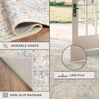Vintage Washable Beige Blue 10x12 Rug for Living Room - Extra Large Area Rug for Dining Room Under Table, Bedroom - Botanical Floral Design with Purple Accent, Non-Slip Lightweight Soft Low Pile