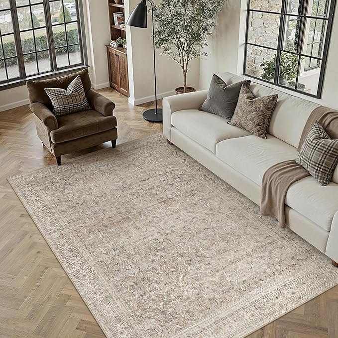 HUGEAR Area Rug 5x7 Vintage Beige Machine Washable Living Room Rugs Distressed Retro Floral Vacuumable Low Pile Carpet Bedroom Office Dining Room Laundry Room Non Slip Soft Lightweight