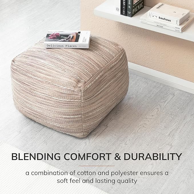 Anji Mountain Pouf Ottoman Foot Rest, Handmade Ottoman Pouf, Comfortable Foot Stool, Decorative Floor Seating for Living Room Decor, Bedroom & Home Décor Accent - Joya Taupe
