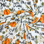 Fall Throw Blanket: Colorful Autumn Harvest Time Saying and Pumpkin Print on Soft White Velvet Fleece for Sofa Bed Couch Chair or Dorm