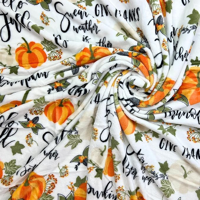 Fall Throw Blanket: Colorful Autumn Harvest Time Saying and Pumpkin Print on Soft White Velvet Fleece for Sofa Bed Couch Chair or Dorm