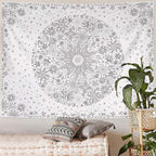 Neasow Bohemian Tapestry Wall Hanging, Gray Floral Tapestry with Dotted Daisy Medallion Print Bedroom Boho Hippie Home Decor, 50x60 inches