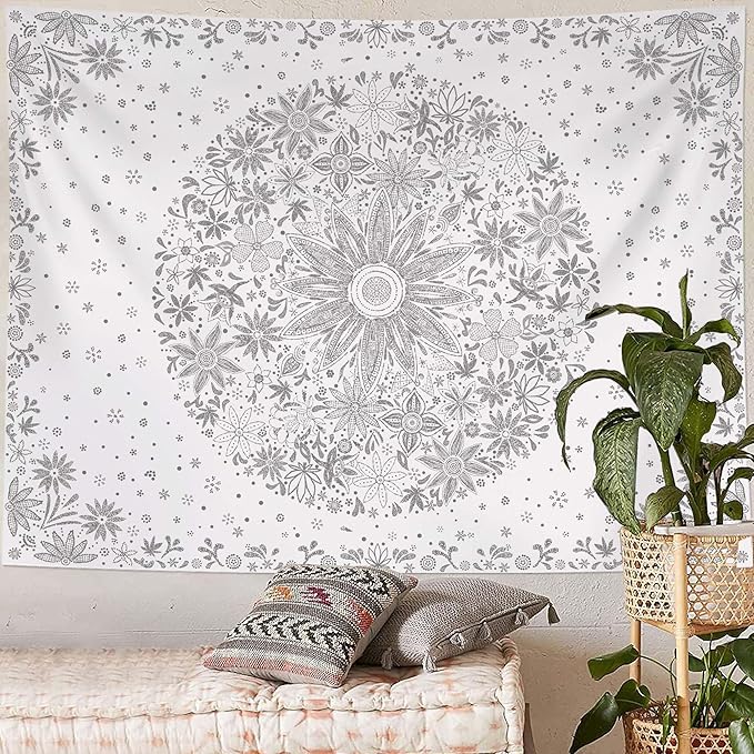 Neasow Bohemian Tapestry Wall Hanging, Gray Floral Tapestry with Dotted Daisy Medallion Print Bedroom Boho Hippie Home Decor, 60x80 inches