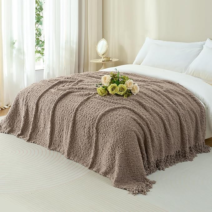 Throw Blanket for Couch, Taupe Tan Luxury Knitted Throws 60"x80", Textured Blankets with Handmade Fringe Tassels for Bed Sofa Decorative, Chunky Soft Farmhouse Boho Home Decor