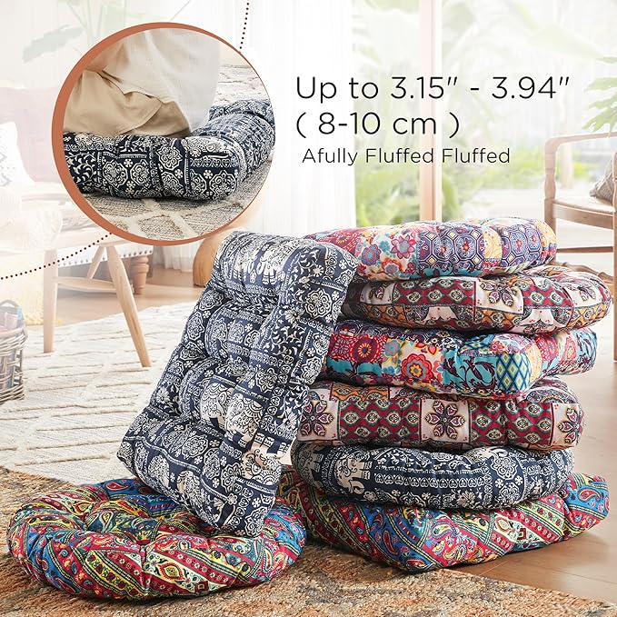 Codi Meditation Floor Pillow, Square Pillows Seating for Adults and Kids, Boho Cushion for Yoga Living Room Tatami Sitting, Memory Foam Added, 22x22 Inch, Indigo Elephant