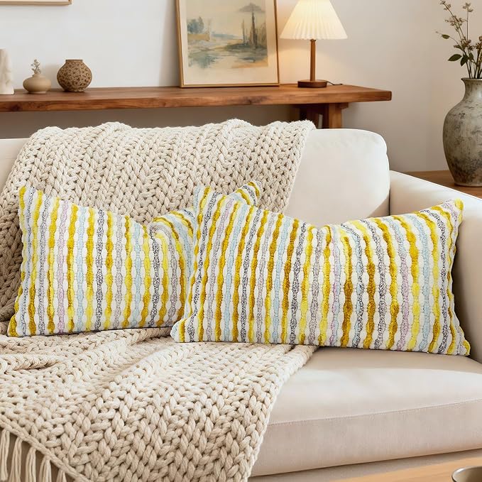 Boho Decorative Throw Pillow Covers 12x20 Inch, Chenille Tufted Pillow Cover Striped Textured Lumbar Farmhouse Accent Pillowcase for Couch Sofa Bedroom Living Room, Yellow White Stripe 2 Pack